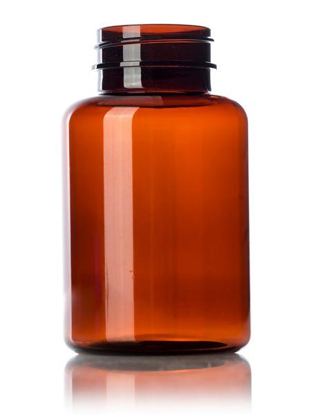 Amber PET plastic packer bottle with wide mouth and straight sides