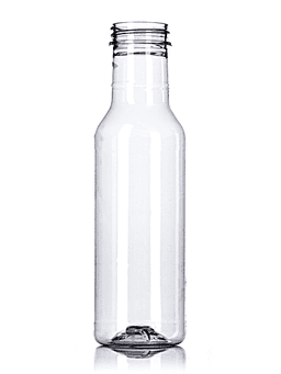 Clear glass bottle with narrow neck for sauces, syrups, or condiments