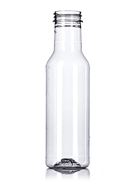Clear glass bottle with narrow neck for sauces, syrups, or condiments