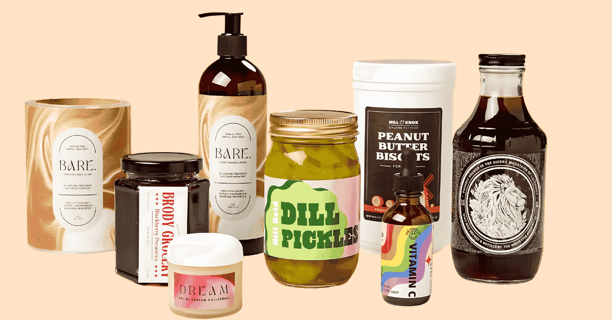 Row of custom-labeled packaging mockups including sauces, lotion, and dish soap designed by C&P Studio