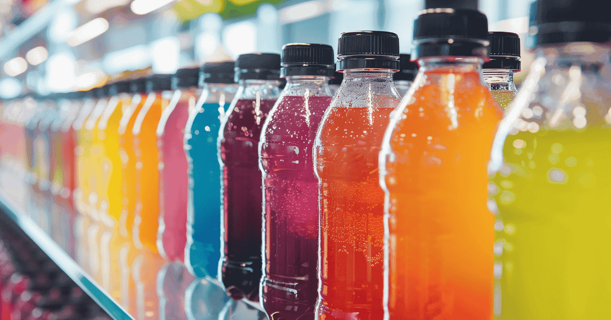 Assorted colorful plastic bottles lined up on a white background