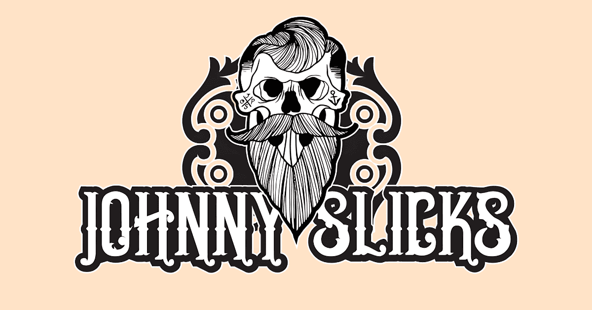 Johnny Slicks product lineup including beard oil, pomade, and shampoo on rustic wood background