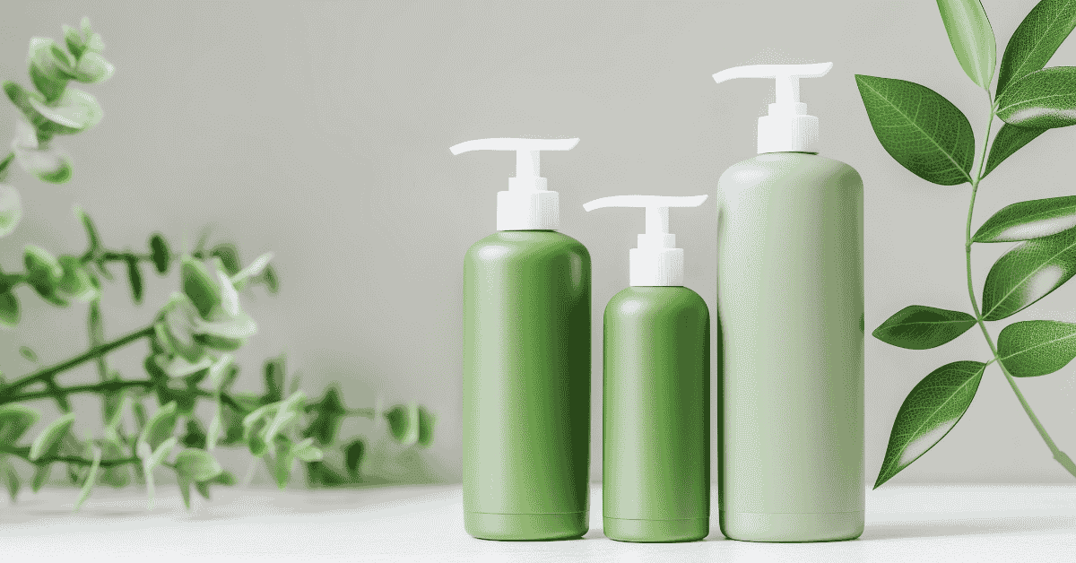 Three green and white cosmetic pump bottles with leaves on soft background