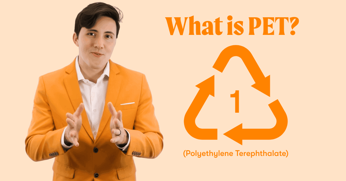 PET recycling code symbol with cutout photo of Stephen holding a whiteboard labeled “Polyethylene Terephthalate”
