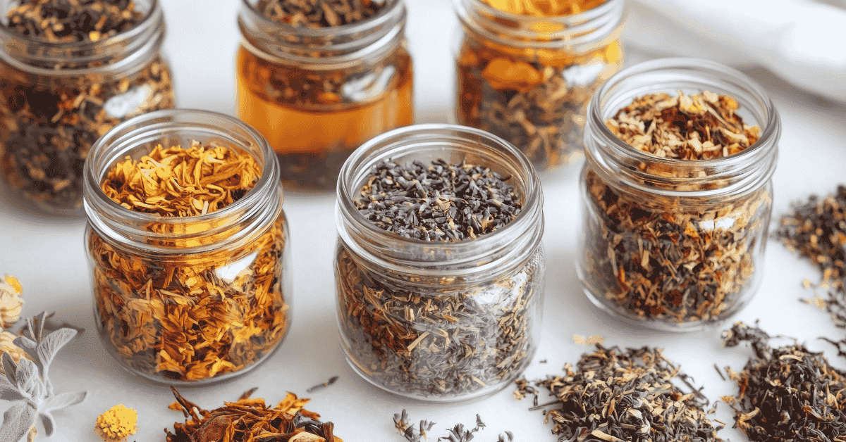 Assortment of glass jars and bottles filled with spices, oils, and dried ingredients on white surface