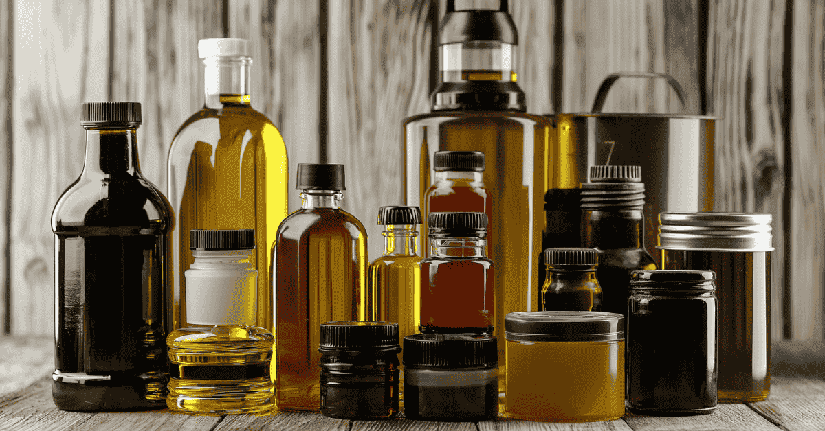 Assorted glass and plastic bottles displayed on countertop under warm lighting