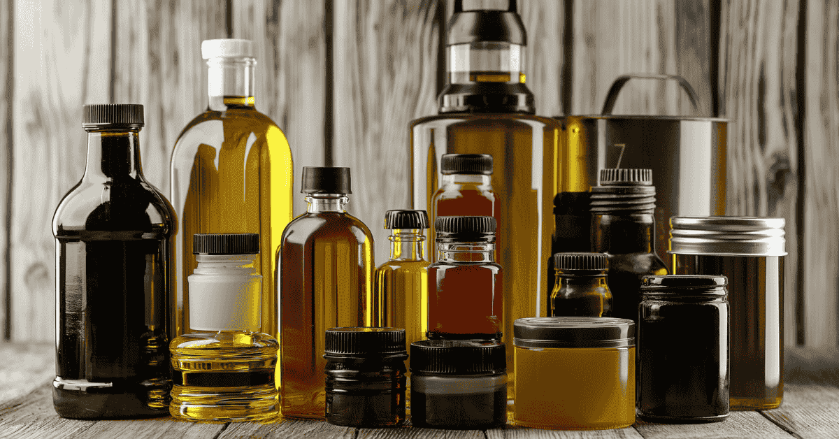 Assorted glass and plastic bottles displayed on countertop under warm lighting