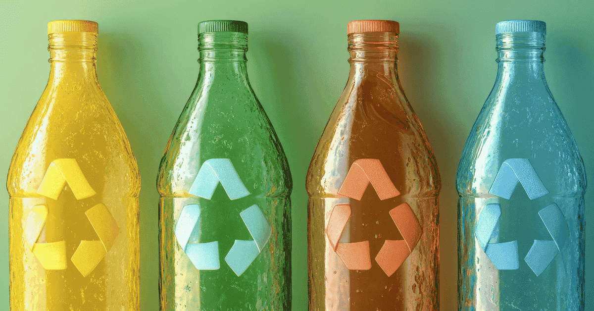 Row of multicolored recycled-content bottles under compliance-themed header graphic