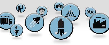 Illustrated recycling process with icons showing bottles being reused for green packaging solutions