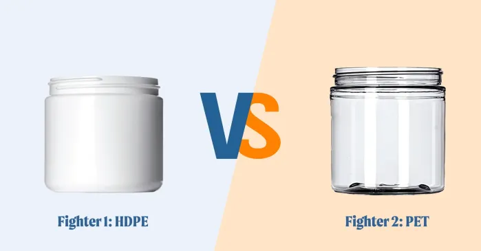 Side-by-side comparison of HDPE and PET plastic bottles illustrating material differences