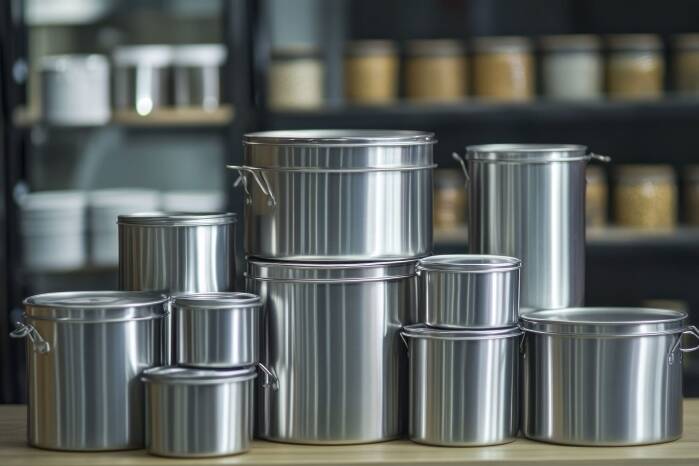 Assorted metal containers representing pros and cons of metal packaging